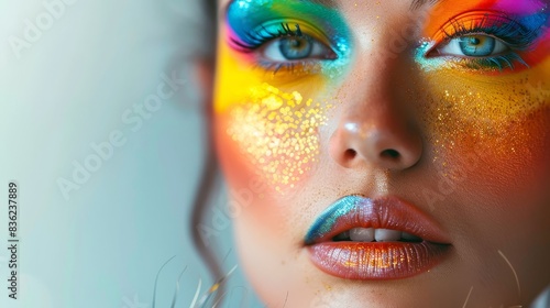 A woman with rainbow makeup and colorful glasses