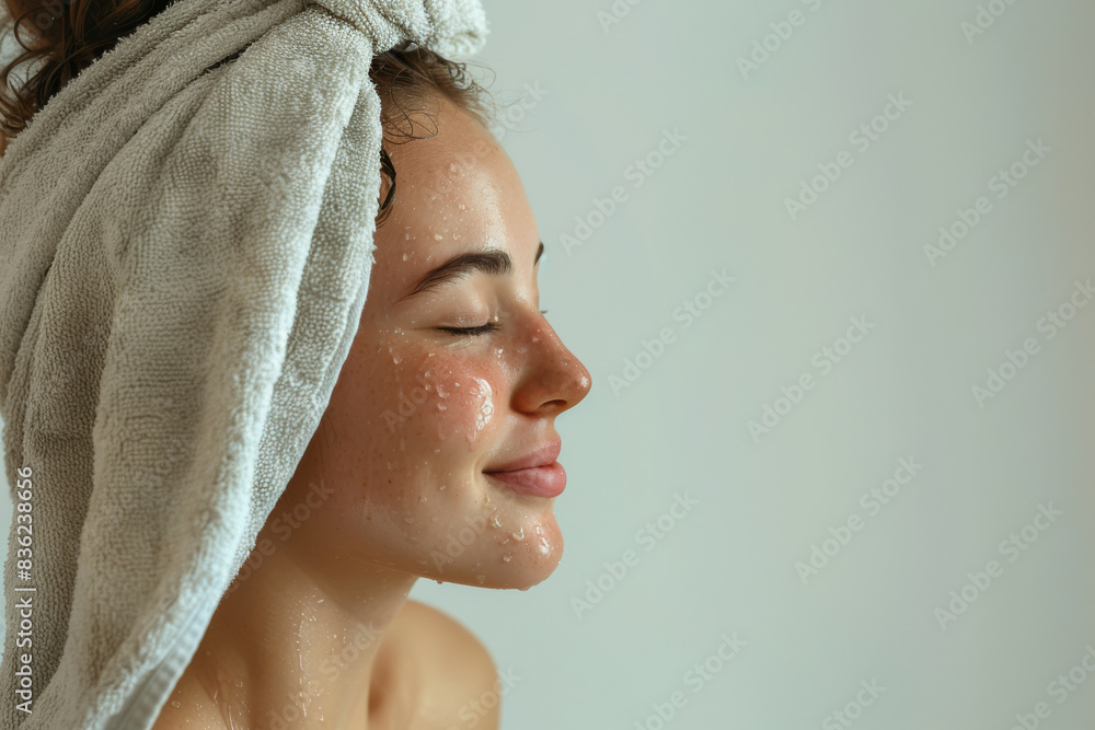 A close up of a woman after having a shower with her eyes closed looking to a side A close up of a woman after having a shower with her eyes closed looking to a side