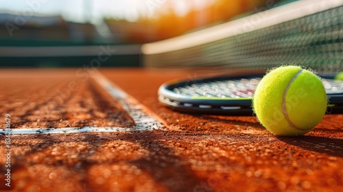 A tennis ball and racket are on a court © OZTOCOOL