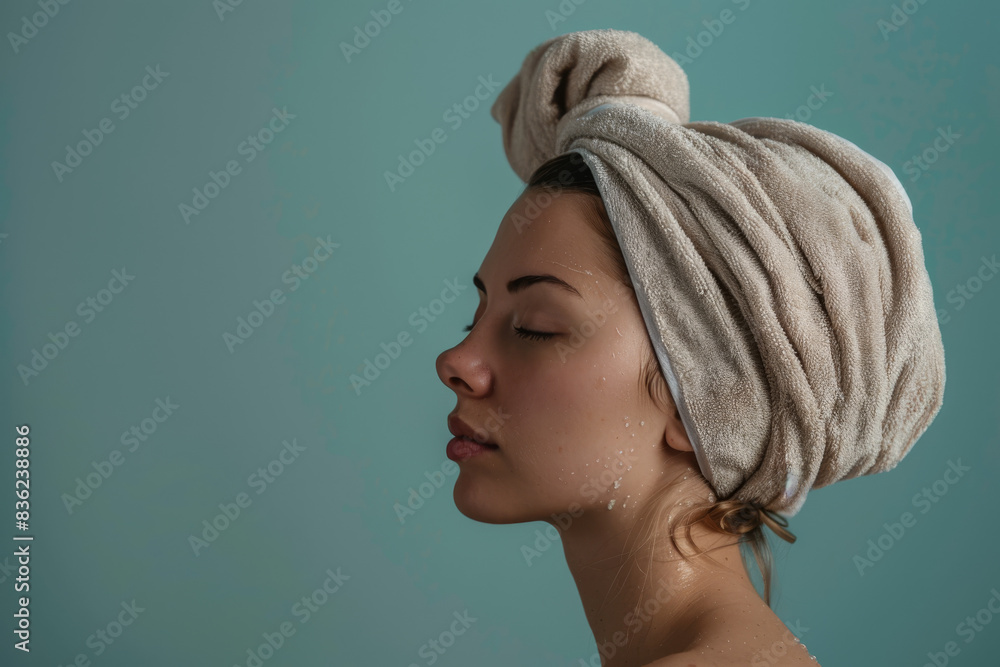 A close up of a woman after having a shower with her eyes closed looking to a side A close up of a woman after having a shower with her eyes closed looking to a side