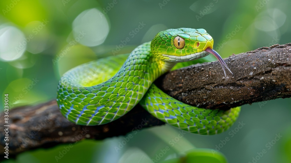 Fototapeta premium A green snake is curled up on a branch