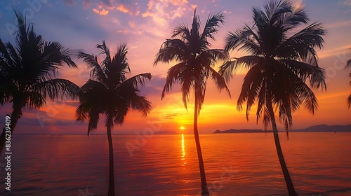 beautiful sunset over the sea with silhouettes of palm trees © share