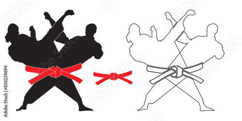 Two People Men And Women Practicing Karate Silhouette, Karate Vector Line Art And Set. Isolated On Transparent Background.