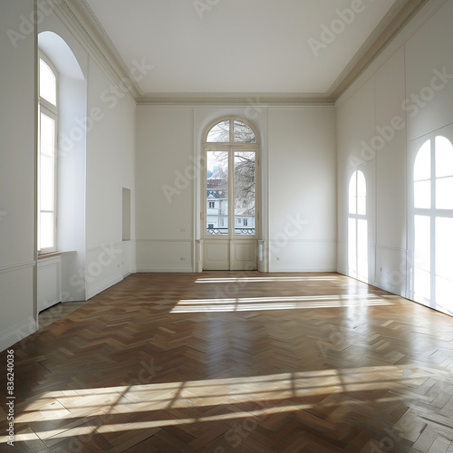 Parquet floor and plain walls in a minimalist room - A serene and elegant design ideal for a modern home.