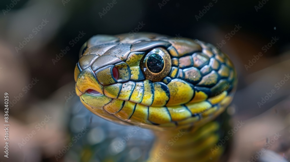 A green snake with a yellow head is shown in the image A green snake with a yellow head is shown in the image
