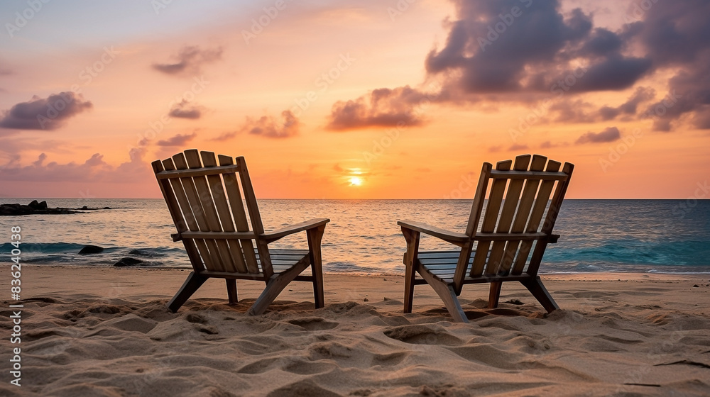 Two chairs on the beach with coco palms of a tropical island sunset. Amazing beach landscape Two chairs on the beach with coco palms of a tropical island sunset. Amazing beach landscape