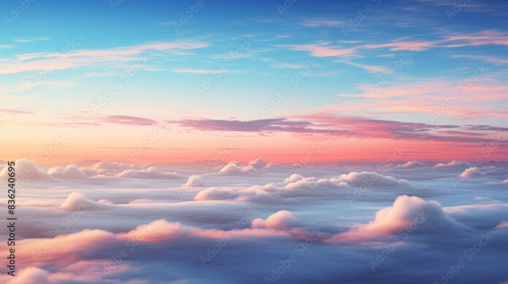 Obraz premium A serene aerial view of fluffy clouds bathed in the soft light of a sunset. The sky is a blend of pastel pink, blue and orange hues.