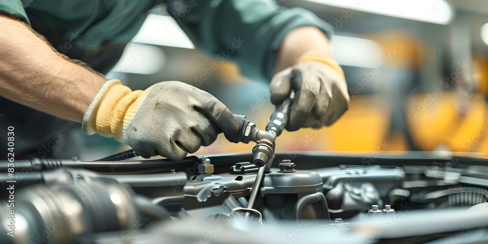 Mechanic repairing a vehicle in the garage at an automotive service center. Concept Vehicle Repair, Automotive Service, Mechanic at Work, Garage Setting, Tools and Equipment Mechanic repairing a vehicle in the garage at an automotive service center. Concept Vehicle Repair, Automotive Service, Mechanic at Work, Garage Setting, Tools and Equipment