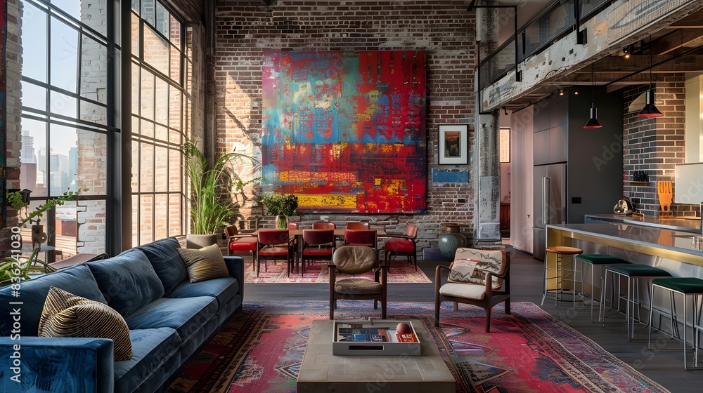 Explore a space where the brick wall transcends its humble origins, transformed into a stunning visual centerpiece through the masterful application of vibrant hues