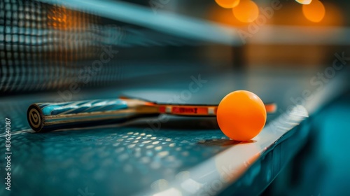 A ping pong ball sits on a table next to two paddles