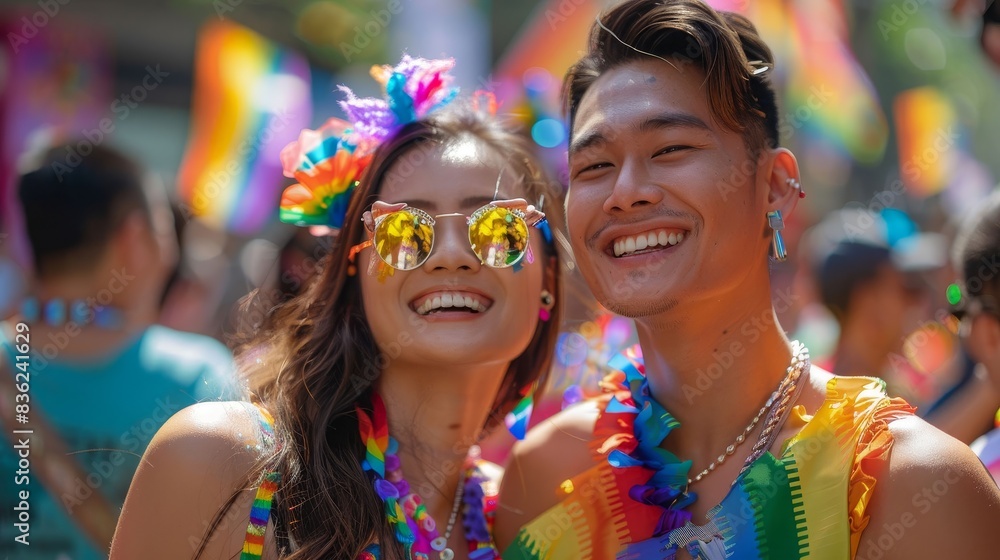 A man and a woman are smiling at the camera in a parade A man and a woman are smiling at the camera in a parade
