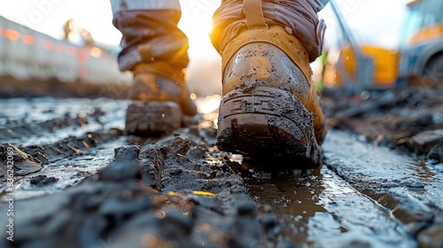 Close-up of muddy work boots on a construction site