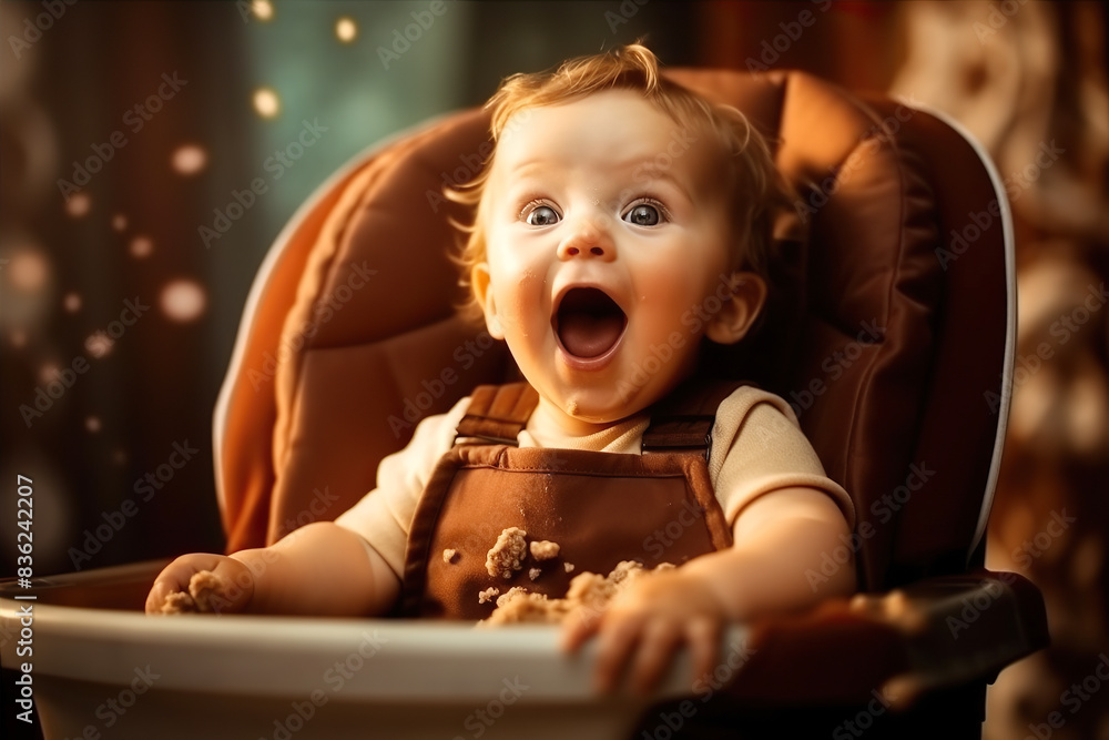 generated illustration smiling face of a little baby sits in a highchair generated illustration smiling face of a little baby sits in a highchair
