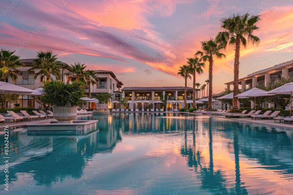 Fototapeta premium Luxury Spa Resort Pool at Sunset with Tranquil Waters, Reflecting Pink Skies, Cabanas and Palm Trees