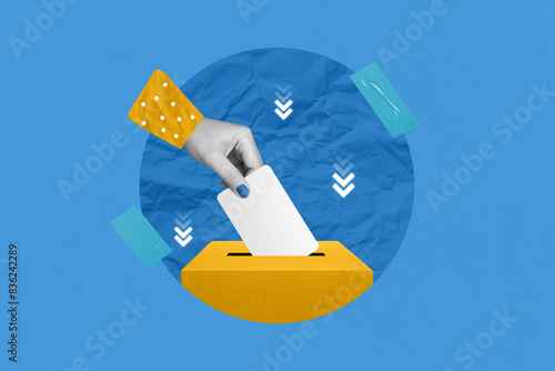 Creative art collage of woman hand putting voting ballot into vote box. Voting ,elections, vote, ballot box,candidates concept