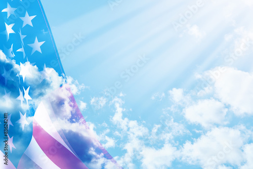 4th of July background. American USA flag against of blue cloud sky, sun rays backgrounds.   National Flag, Labor, Independence or Presidents Day. American flag colors. Close up with place for text.