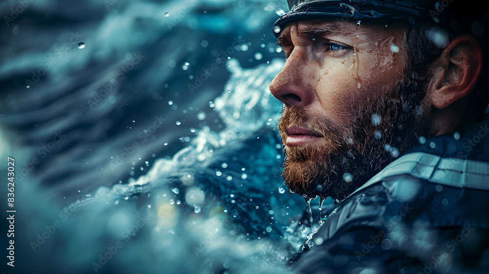Sailor with Open Sea Concept: A Profile of Adventure and Vastness in the Ocean Ideal for Marine and Adventure Ads in Photo Stock Sailor with Open Sea Concept: A Profile of Adventure and Vastness in the Ocean Ideal for Marine and Adventure Ads in Photo Stock