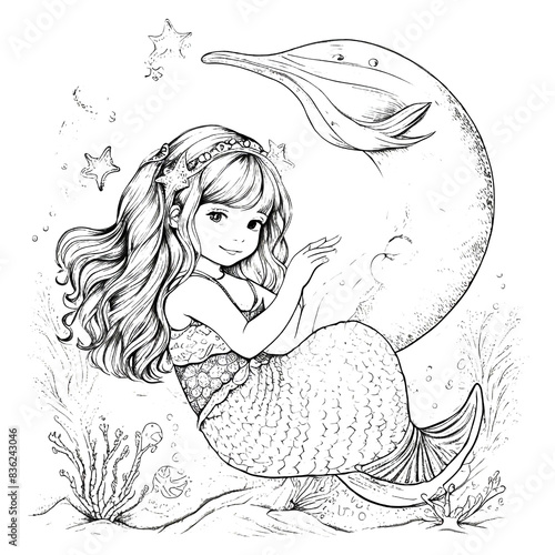 Hand-drawn cute mermaid with starfish and bubble coloring book illustration