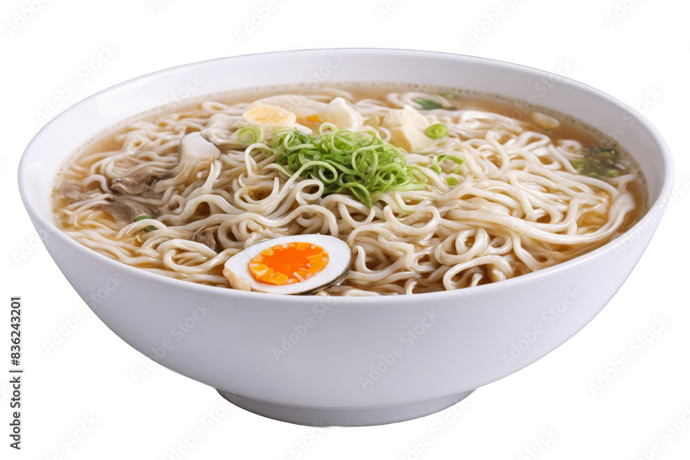 Delicious looking ramen noodles in a bowl with chicken, egg, and spring onions, isolated with a png, transparent, white background Delicious looking ramen noodles in a bowl with chicken, egg, and spring onions, isolated with a png, transparent, white background