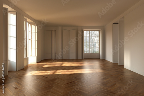 Minimalist room with parquet floor and plain walls. High Details, 8k, UHD © Skip Monday