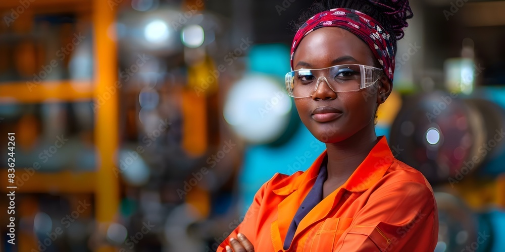 Fototapeta premium Portrait of intelligent African female engineer in factory workplace. Concept Engineering, African American, Female Professional, Factory Setting, Portrait Photography