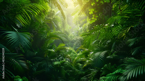 Aerial view of a lush green forest or woodland Thick and vibrant green undergrowth in a temperate rain forest Bright sunny day in the woods, Generative AI