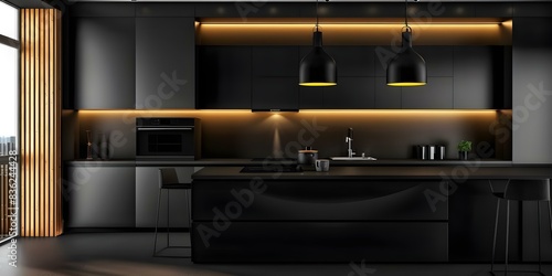 Modern dark kitchen with black furnishings wooden accents and ceiling lamps. Concept Dark Kitchen Decor, Black Furnishings, Wooden Accents, Ceiling Lamps, Modern Design