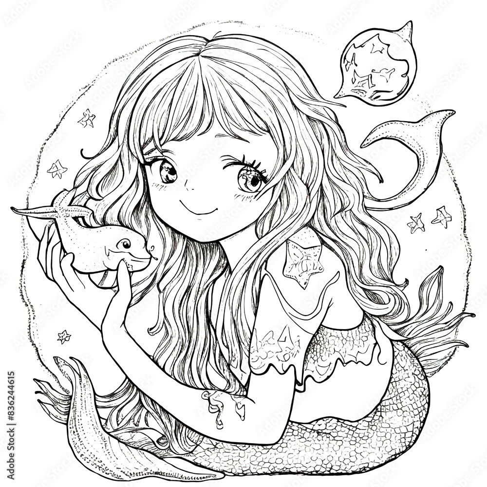 Hand-drawn cute mermaid with starfish and bubble coloring book illustration Hand-drawn cute mermaid with starfish and bubble coloring book illustration