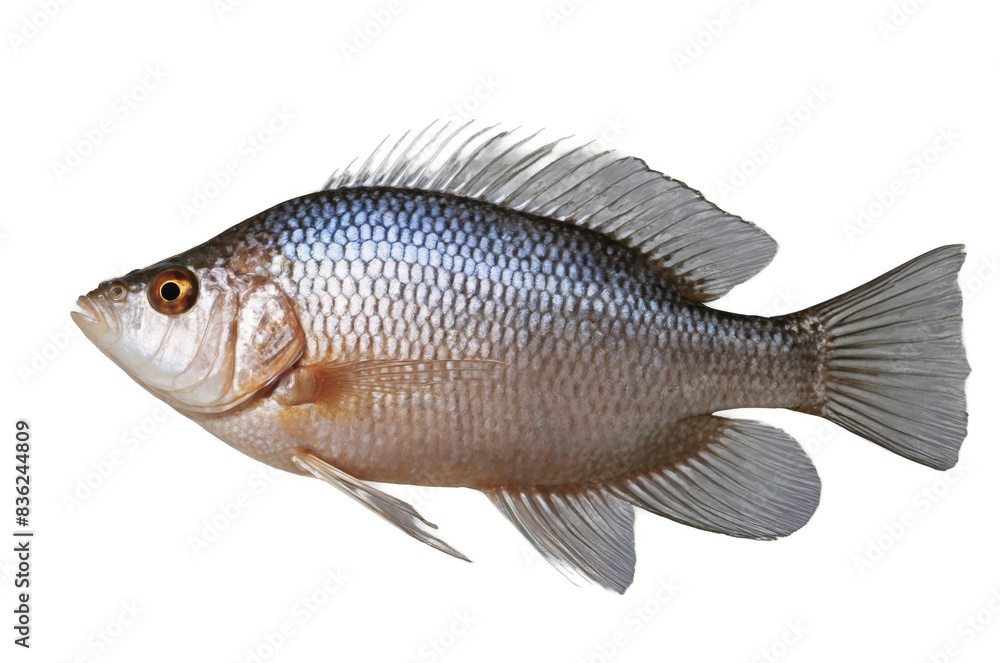 Obraz premium Silver blue fish with fins spread in side profile, against a transparent white background, png format