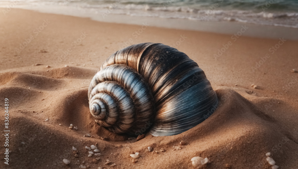 Close-up image of a large striped shell partially submerged in the sand on a beach overlooking the ocean in the setting sun with white pebbles all around Close-up image of a large striped shell partially submerged in the sand on a beach overlooking the ocean in the setting sun with white pebbles all around