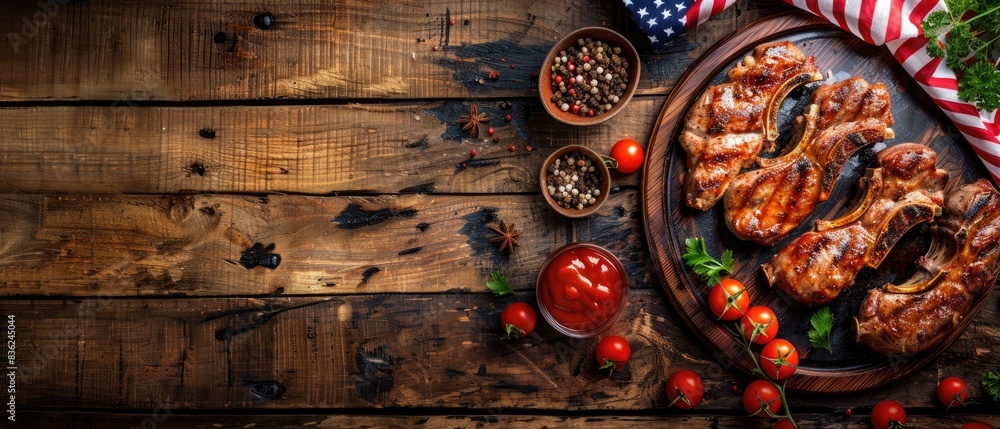 Grilled pork chops on wooden platter with cherry tomatoes and spices, rustic wooden background, American flag, top view, horizontal composition. Grilled pork chops on wooden platter with cherry tomatoes and spices, rustic wooden background, American flag, top view, horizontal composition.