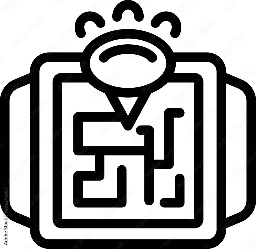 Black line art of a complex maze with a location pin at the center, symbols of problemsolving and navigation Black line art of a complex maze with a location pin at the center, symbols of problemsolving and navigation