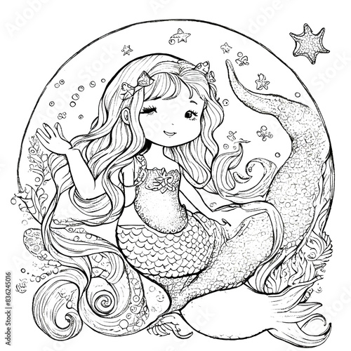 Hand-drawn cute mermaid with starfish and bubble coloring book illustration