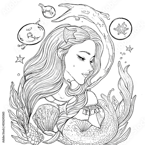 Hand-drawn cute mermaid with starfish and bubble coloring book illustration