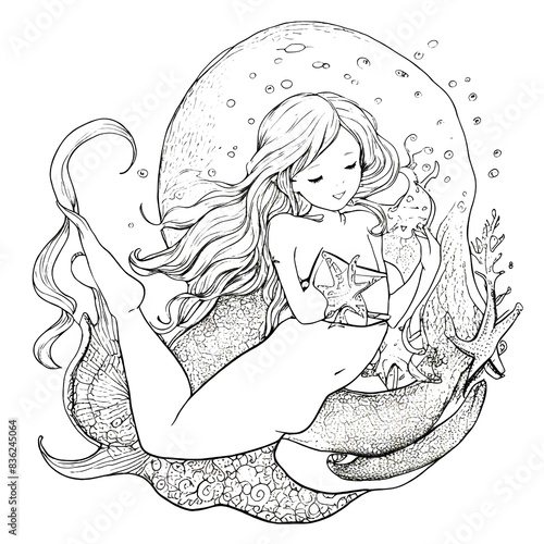 Hand-drawn cute mermaid with starfish and bubble coloring book illustration