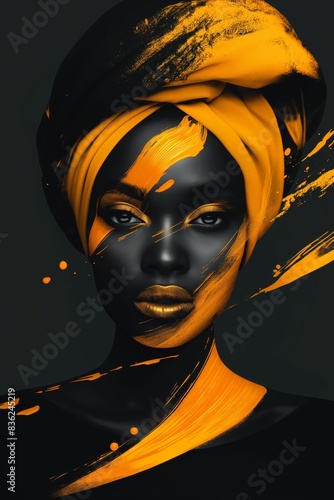 Striking Portrait of a Woman with Deep Black Skin, Wearing a Vibrant Yellow Headscarf, Accented with Abstract Yellow Brush Strokes and Dramatic Lighting, Exuding Strength and Elegance