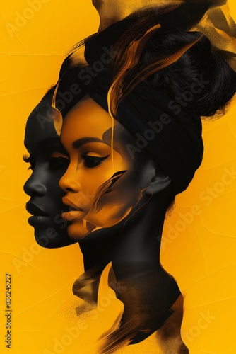 Abstract Dual Portrait of a Woman with Deep Black Skin, Featuring Two Overlapping Profiles in Bold Yellow and Black Tones, Accentuated with Fluid Brush Strokes and a Vivid Yellow Background 