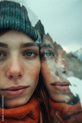 Reflective Winter Portrait of a Young Woman,  Featuring a Close-Up View of Her Face and its Reflection on a Frosted Glass, Evoking a Sense of Introspection and Seasonal Chill