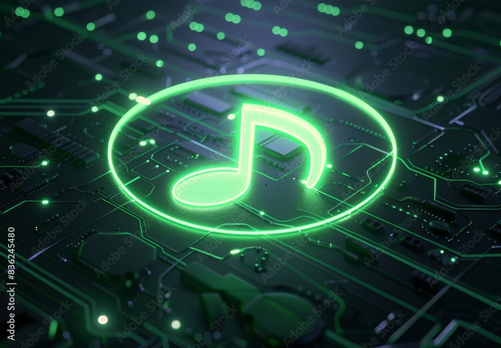 Vivid green neon music icon glowing on a black backdrop with a high-tech floor. 3D render showcasing vibrant audio technology. Vivid green neon music icon glowing on a black backdrop with a high-tech floor. 3D render showcasing vibrant audio technology.