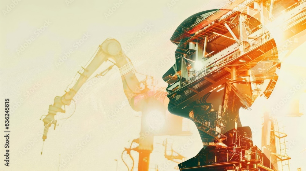Double exposure of a man silhouette and robot arm, technology artificial intelligence and industrial innovation Double exposure of a man silhouette and robot arm, technology artificial intelligence and industrial innovation