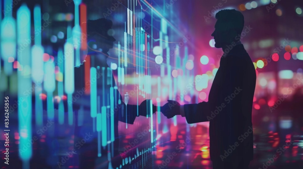 Silhouette of a businessman shaking hands with a digital interface, business partnerships and technology in cityscape Silhouette of a businessman shaking hands with a digital interface, business partnerships and technology in cityscape