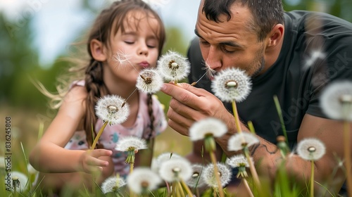 A cluster of dandelions in full bloom  the father and daughter blowing on them  their wishes carried away on the gentle breeze