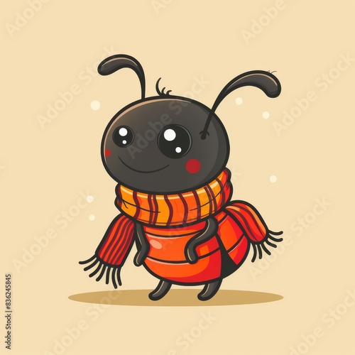 Adorable cartoon ant bundled up in a cozy, colorful scarf. Cute and charming illustration perfect for various design projects.