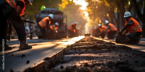 Asphalt Construction Workers Paving a Road Surface. Concept Construction Workers, Road Paving, Asphalt Surface, Hard Hats, Heavy Machinery