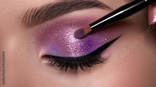 Obraz Beautiful woman with professional makeup. Female closed eye close-up. Eye makeup for eyebrows and eyelashes. 