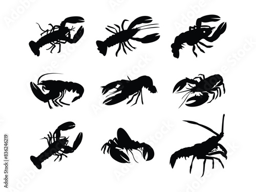 Set of Lobster Silhouette vector illustration. Seafood Lobster black silhouette isolated on a white background.