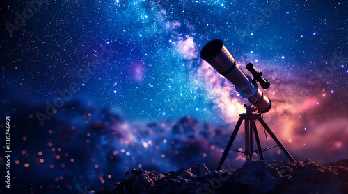 A wooden table with a telescope pointed towards the sky sits on a rocky outcrop overlooking a campsite. The background is a blurred landscape of a vast starry night sky with constellations and the photo