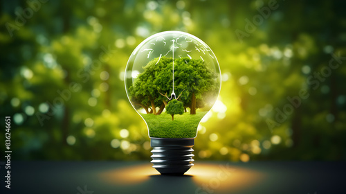 Renewable Energy Light Bulb with Tree Inside. Eco-Friendly and Green Energy Concept photo