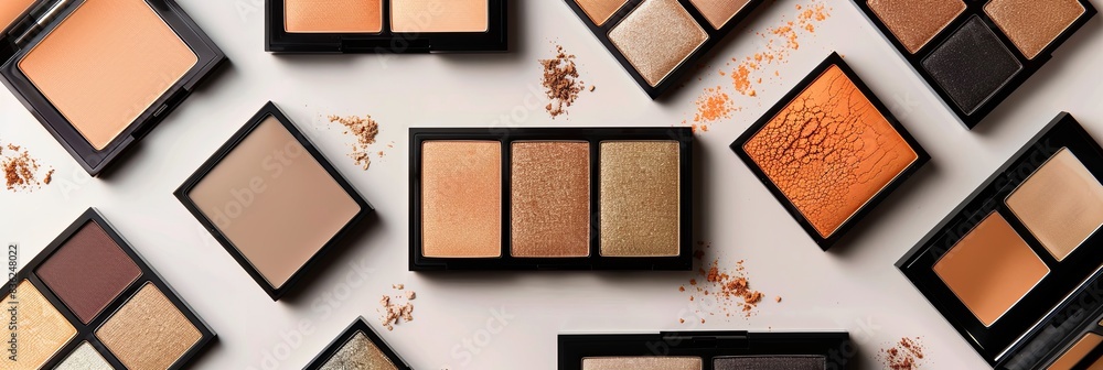 Fototapeta premium A collection of makeup palettes featuring contouring and highlighting shades arranged on a white background. Generative AI