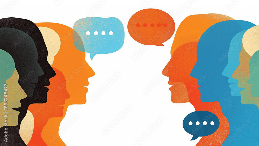 custom made wallpaper toronto digitalIllustration of two distinct groups engaged in a lively exchange of ideas with speech bubbles. Ideal for communication or conversation concepts.